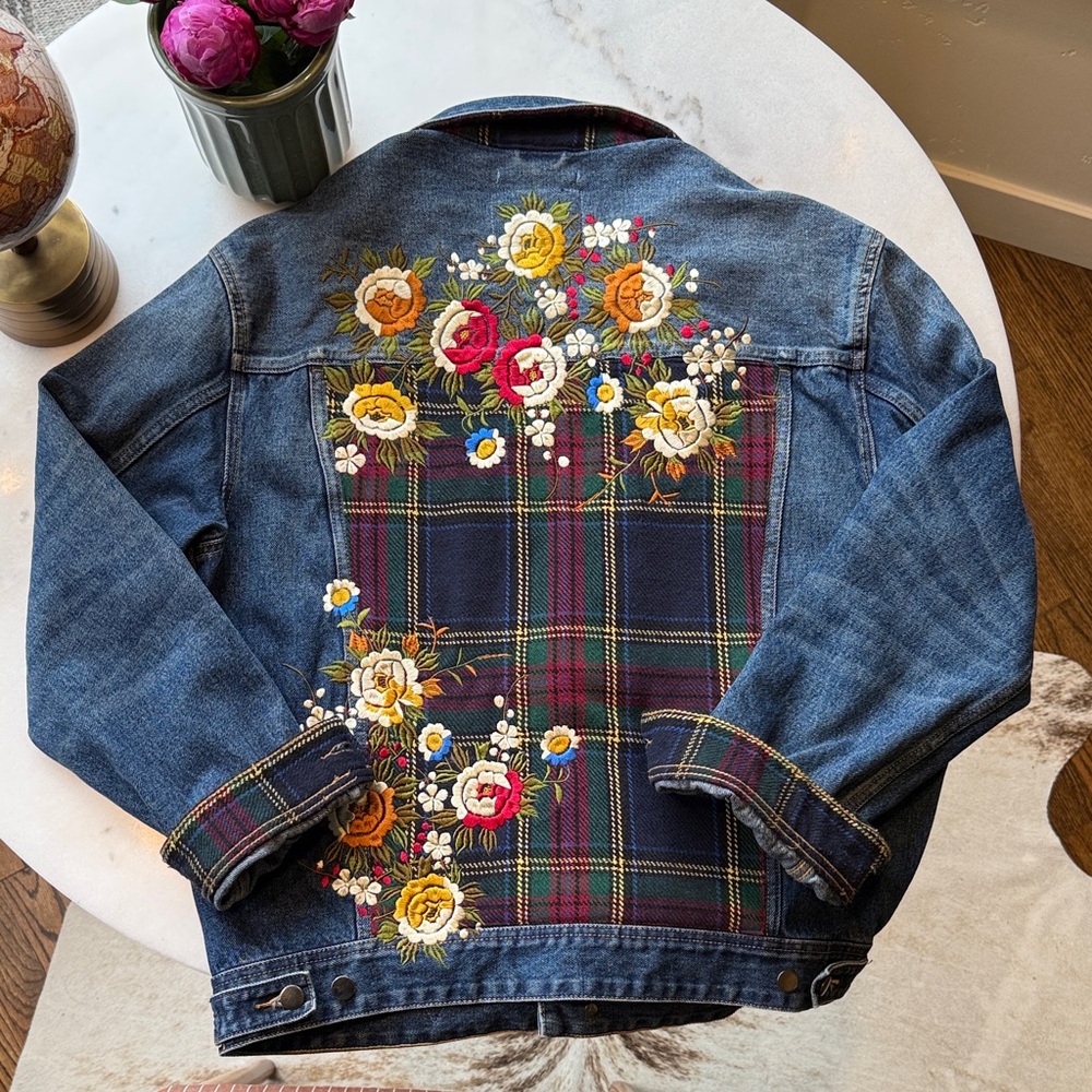 Guess Blue Denim Jacket with Floral Embroidery
